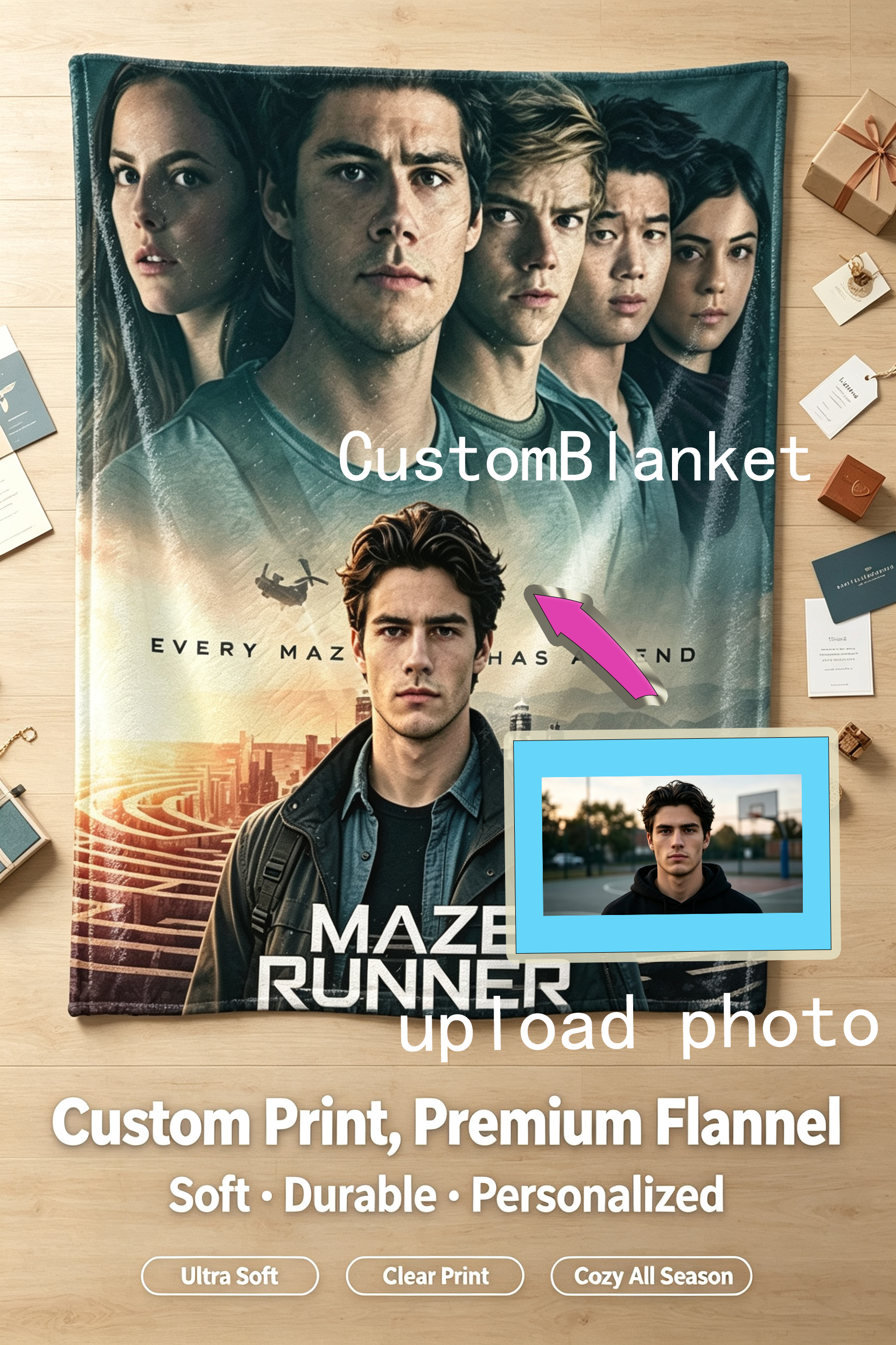 Custom Face Blanket Maze Runner The Death Cure Flannel Blanket Movie Fan Gift for Dorm Room or Couch Cozy Comfort Throw Cover Present