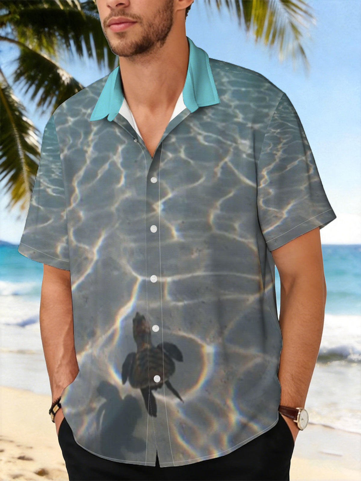 Sea turtle swimming over sandy ocean floor with sunlit ripples -  Shirt