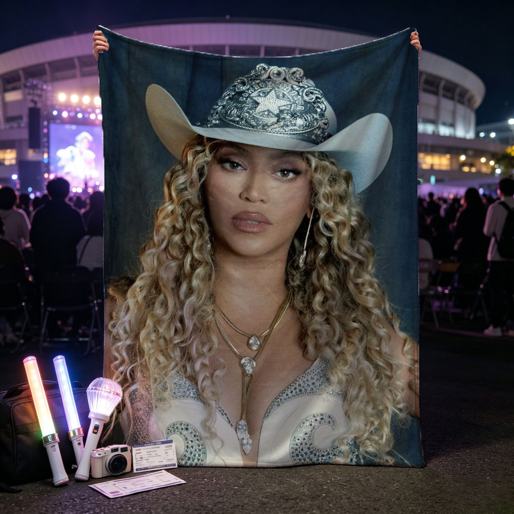 Beyonce in Cowboy Hat and Sparkling Outfit with Long Curly Hair - Blankets