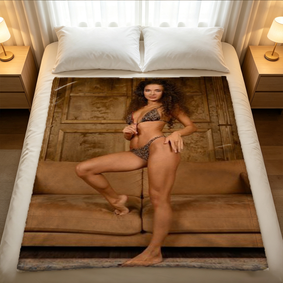 A woman in a sheer beige top and white lace panties, posing on a patterned couch. - Blanket