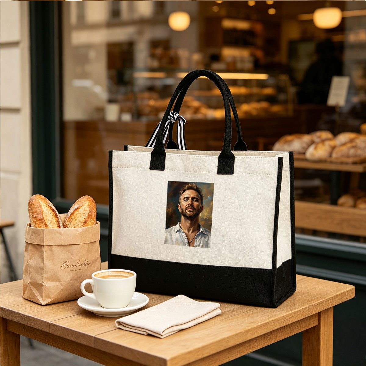 Portrait of a Man in White Shirt with Bearded Look - Canvas patchwork gift tote bag