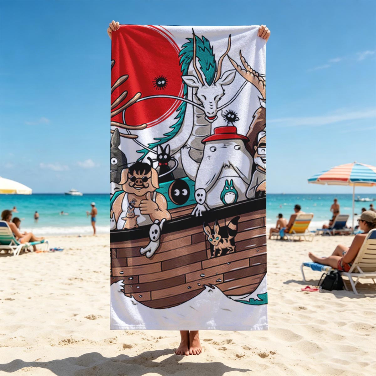 Studio Ghibli Characters Sail in a Wooden Boat with Mythical Creatures and Icons - Beach towels