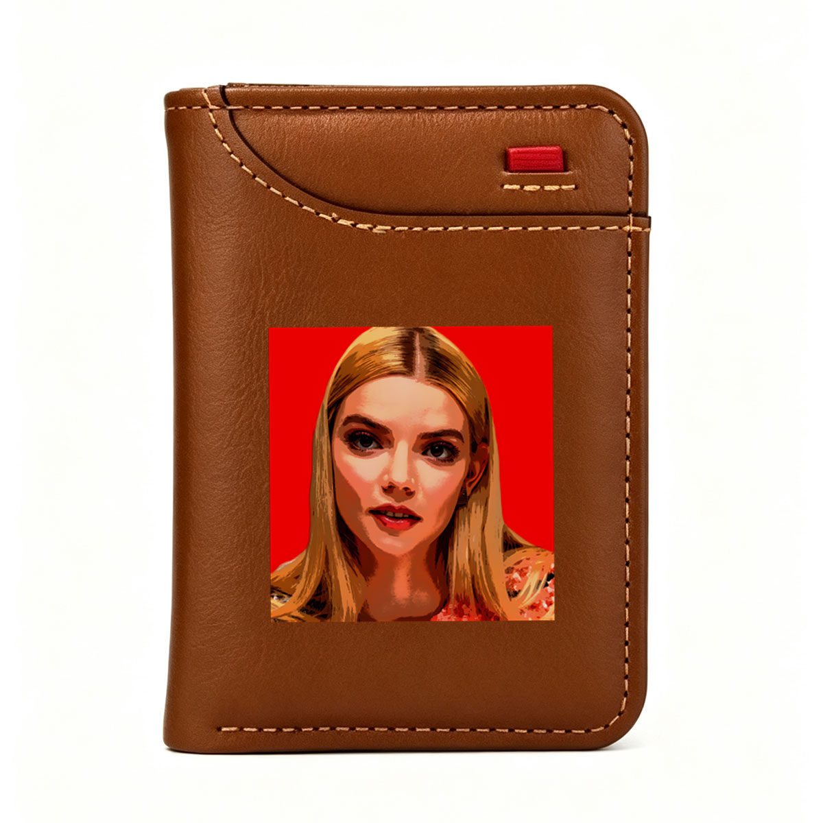 Anya Taylor-Joy in a stylized portrait with bold red background - Vertical Style Wallet