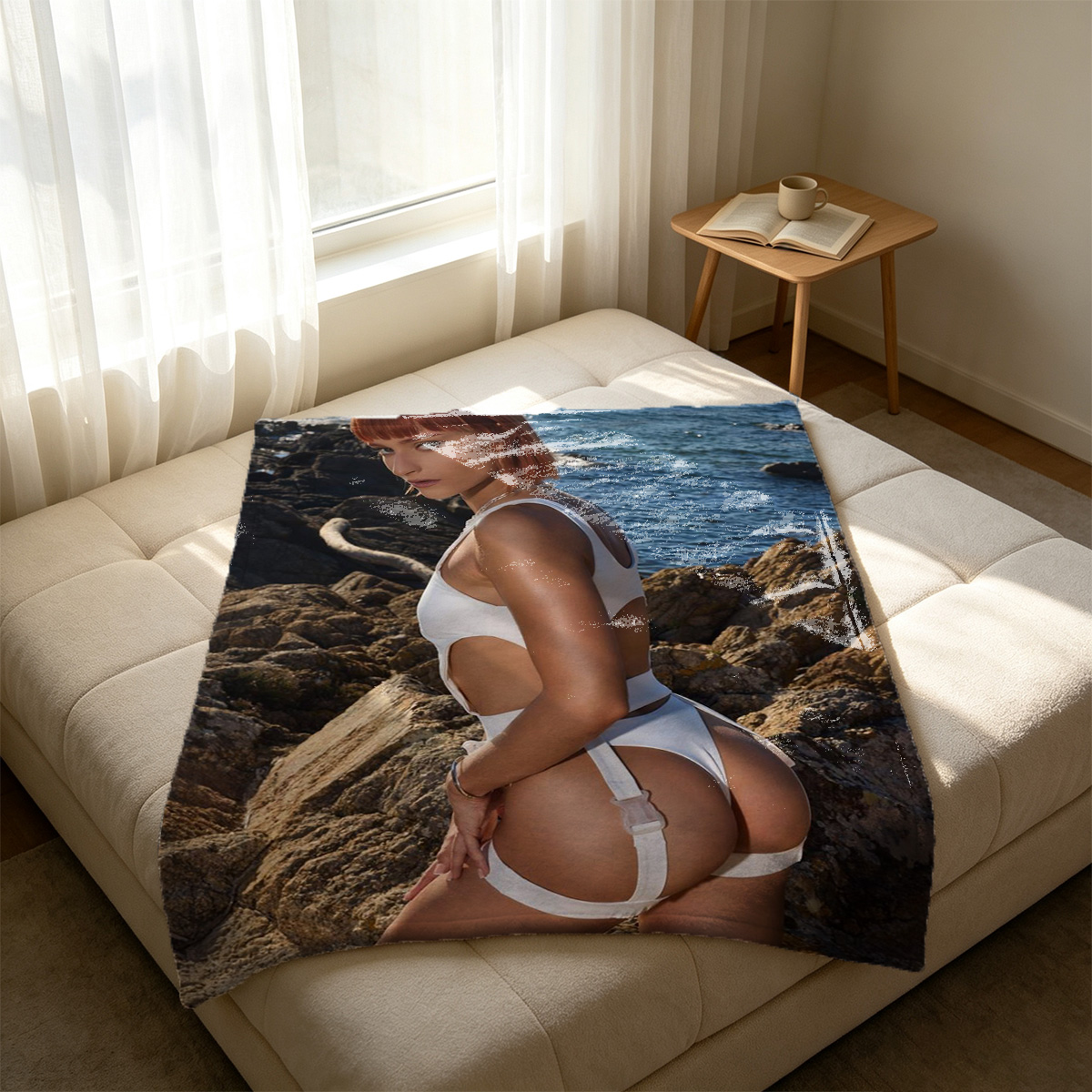 Nude Brunette in Yellow Panties Pulled Down by Window - Blanket