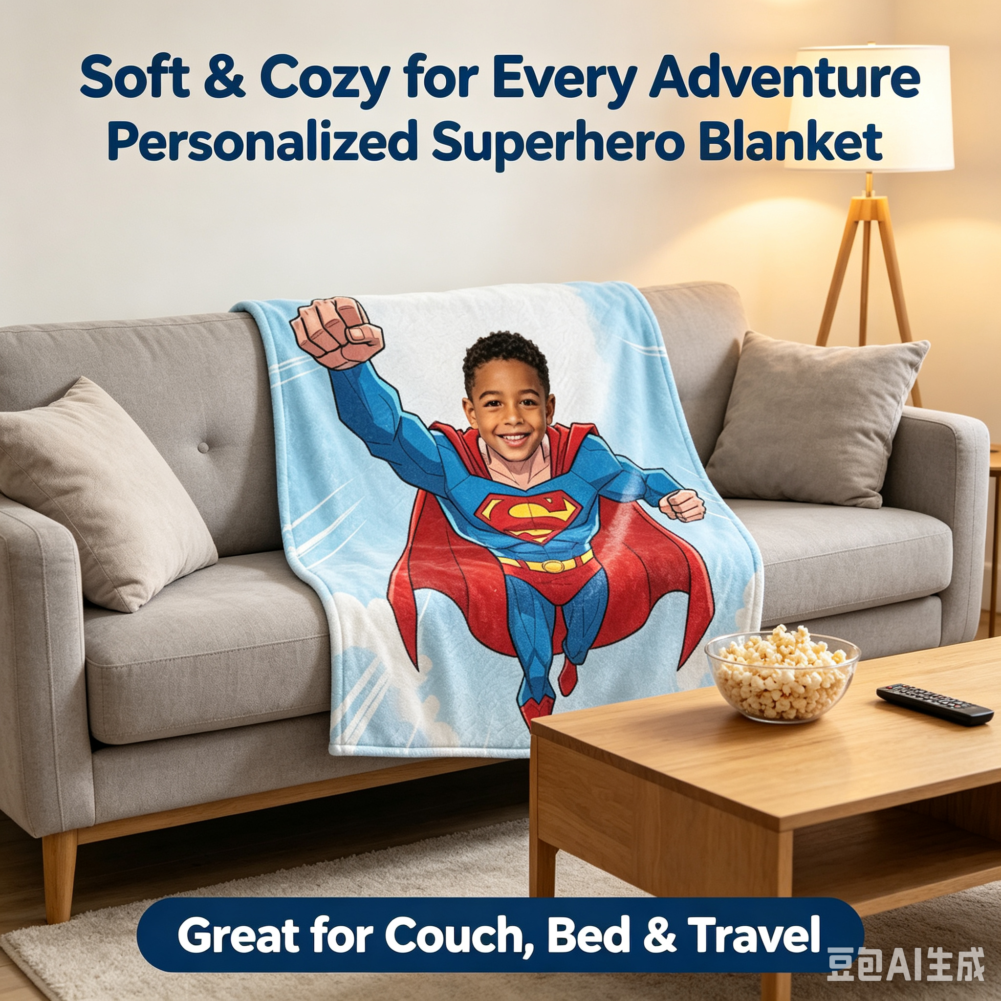 Customized Superhero Blanket With Kid Photo, Personalized Superman Flannel Throw Blanket, Custom Upload Image, Birthday Xmas Present for Little Boys Bedroom Sofa Travel