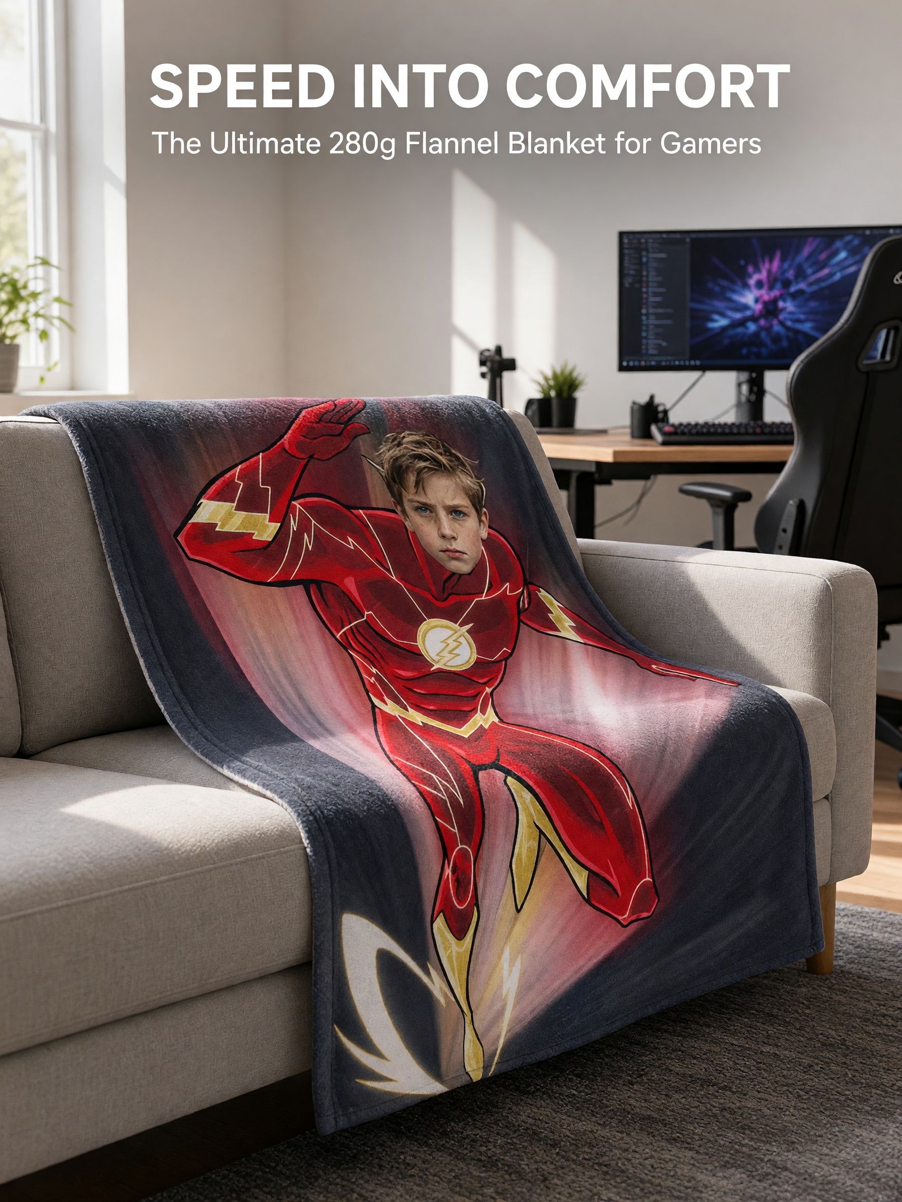 Custom Face Superhero Flannel Fleece Blanket, Personalized Photo Throw for Kids, Skin-Friendly Cozy Keepsake Gift