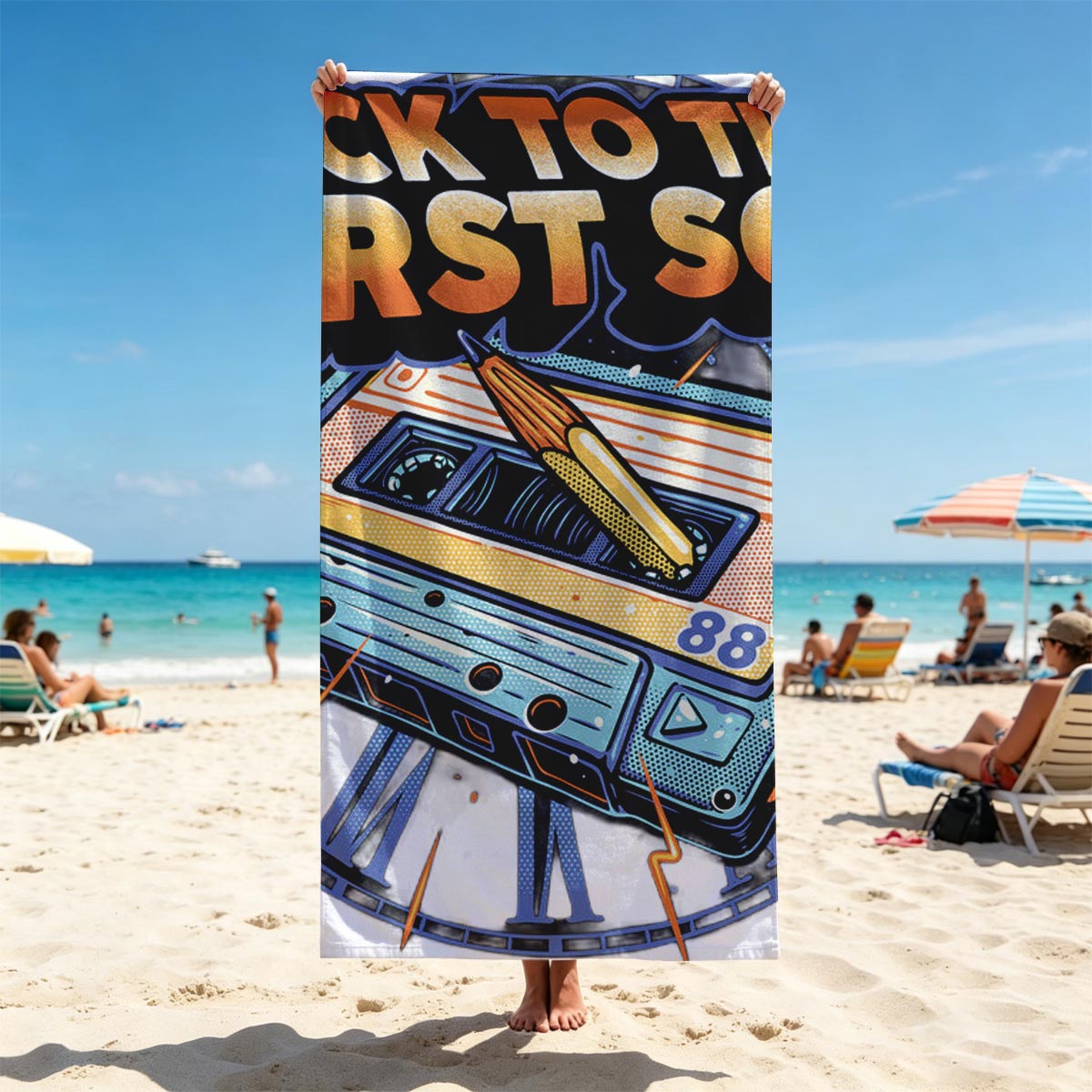 Back to the First Song: Cassette Tape with Pen and Clock Design - Beach towels