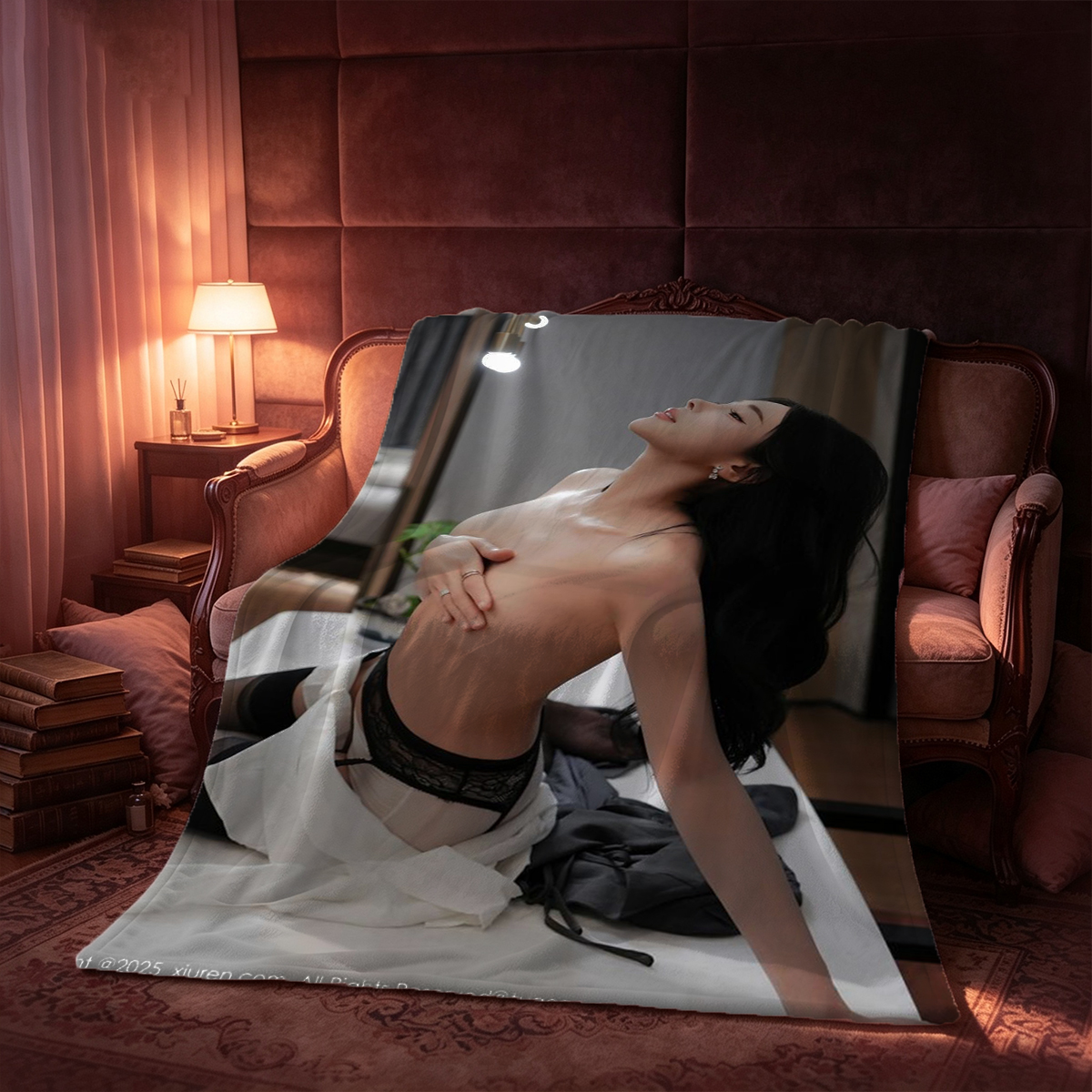 Emma Watson in sheer white lingerie on silver chaise lounge - Blanket