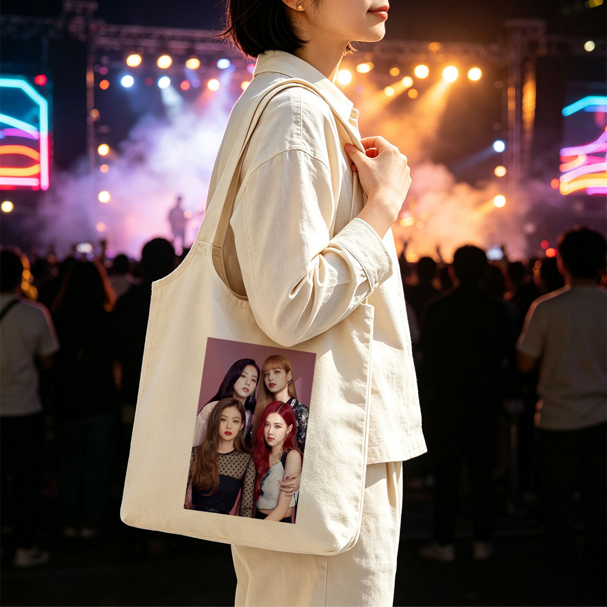 BLACKPINK Group Portrait - Four Members in Stylish Outfits Against Purple Background - Canvas shoulder bags/