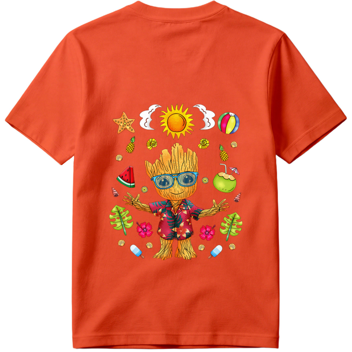 Groot in Hawaiian Shirt with Summer Elements - Tee