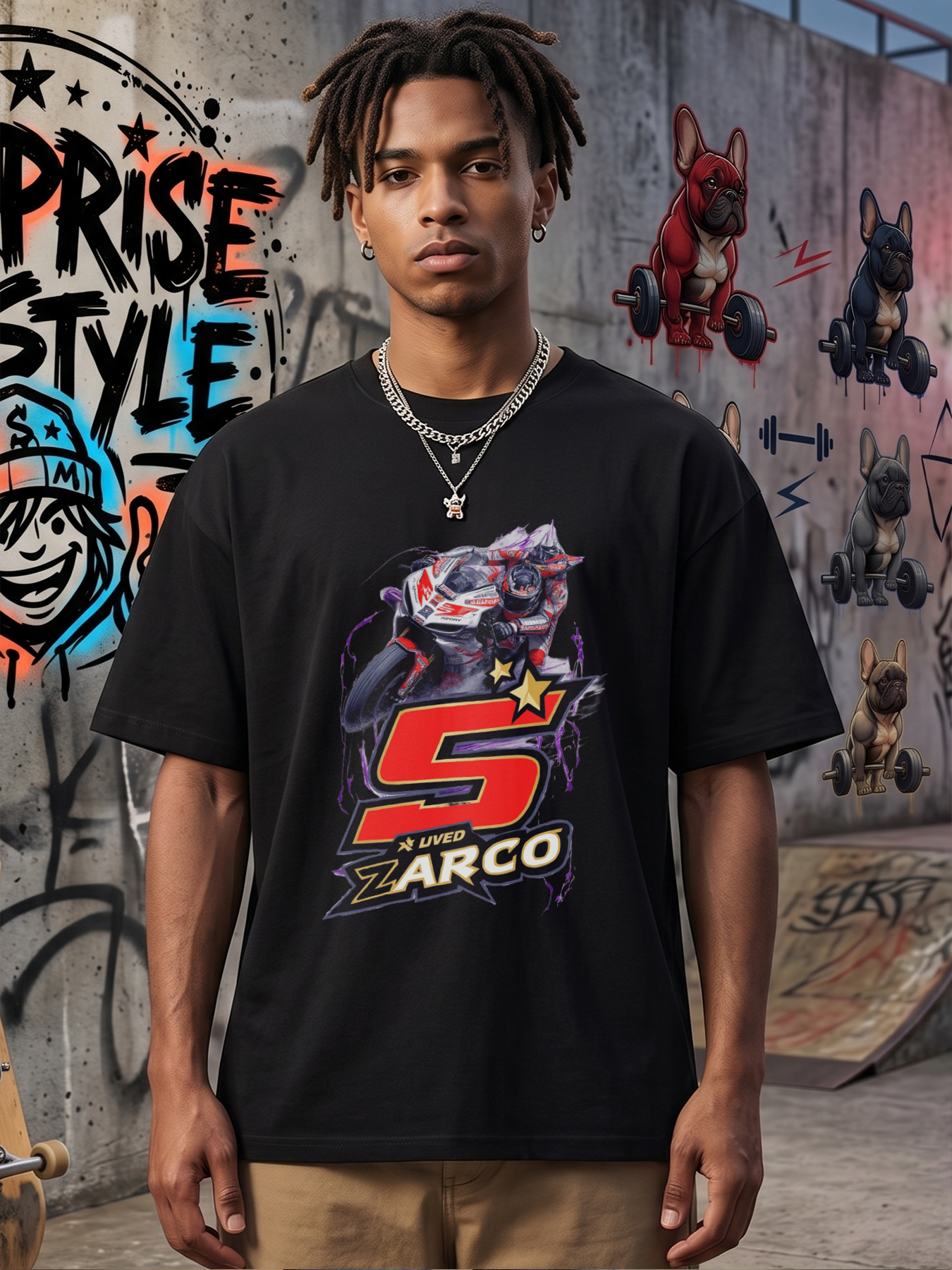 Men's Printed T-Shirt Featuring Motorcycle Racing Graphic with Number 5 and 