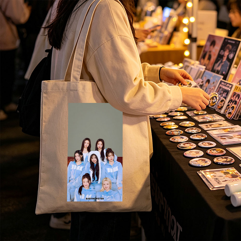 BABYMONSTER Group Photo in Matching Blue Outfits with Furry Hoodies and Minimalist Background - Canvas tote bags