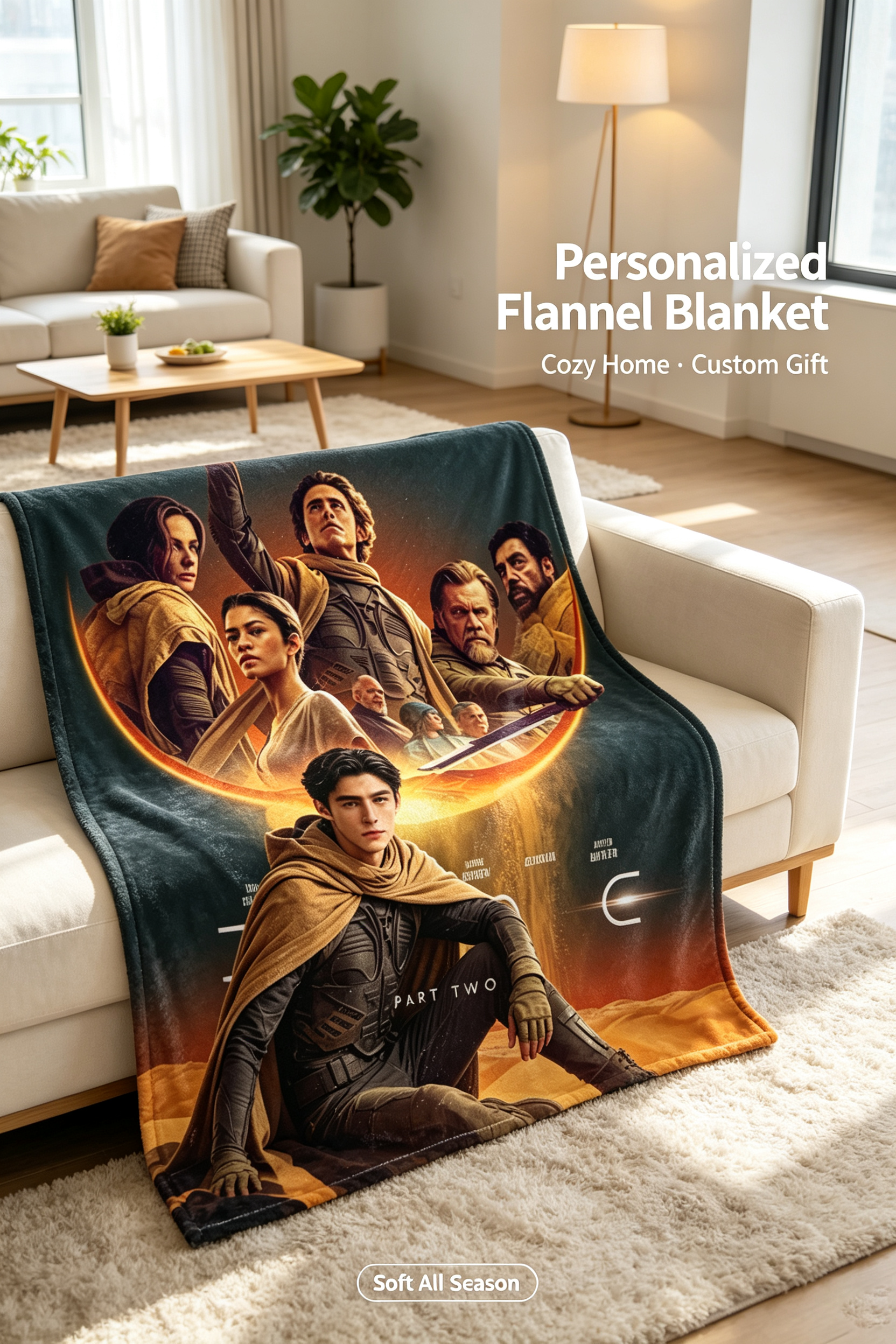 Custom Face Blanket Dune Part Two Flannel Blanket Movie Poster Design Desert Theme Cozy Throw Blanket Perfect for Fans Home Decor Gift or Giveaway