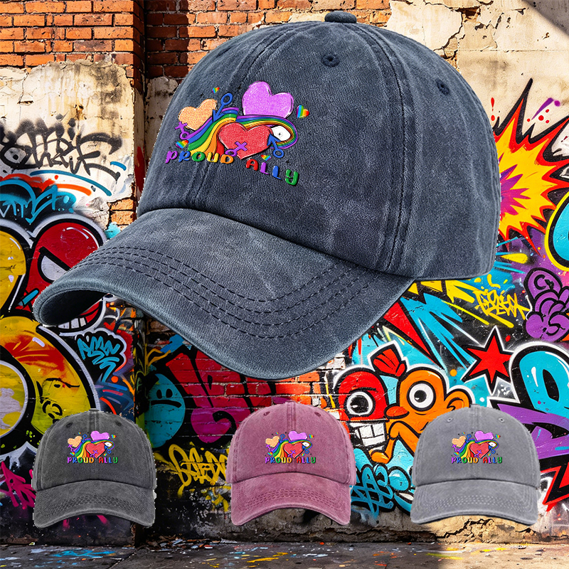 Men's Printed Washed Cap with Rainbow Hearts and 