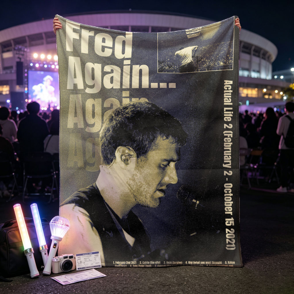 Fred Again... Live Performance Poster Featuring Artist on Stage with Microphone and Concert Crowd in Background - Blankets