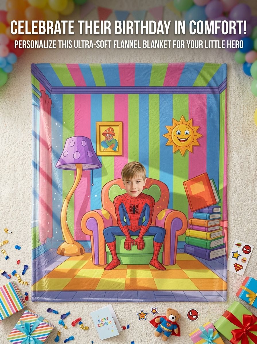 Custom Face Photo Superhero Flannel Fleece Blanket, Personalized Cozy Throw Gift for Kids Bedroom and Couch