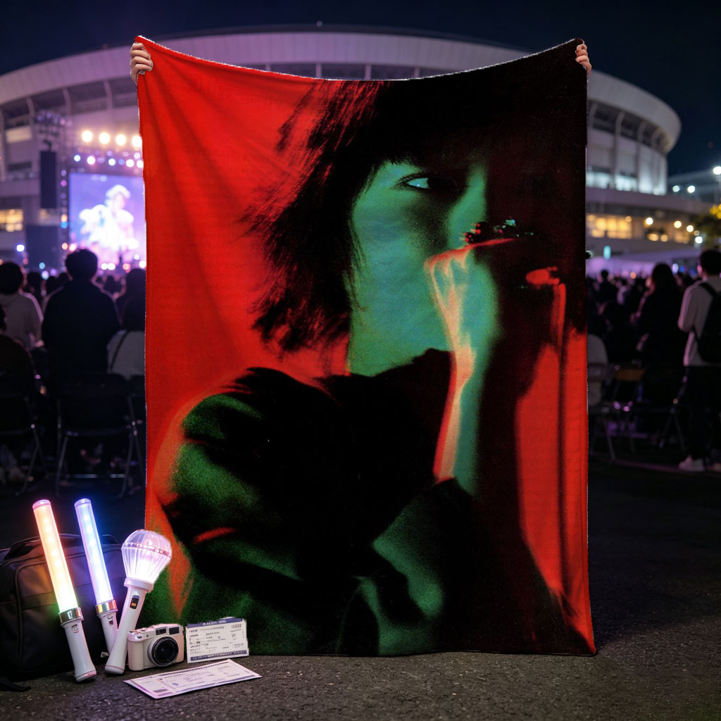 Siouxsie Sioux Singing Into Microphone on Red Background - Blankets