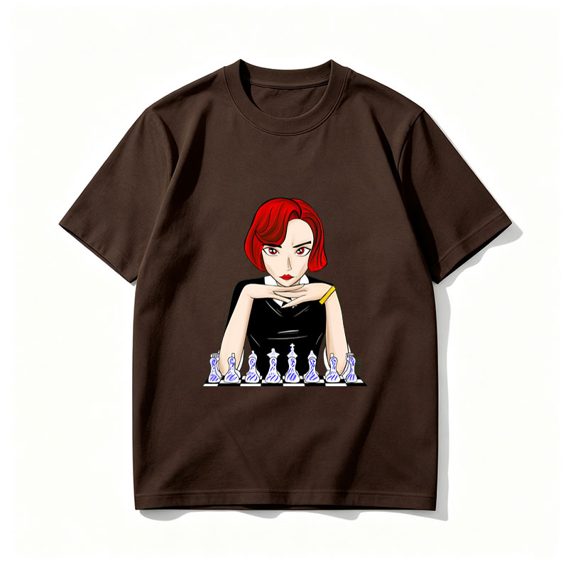 Red-Haired Woman in Black Dress Playing Chess - Tee