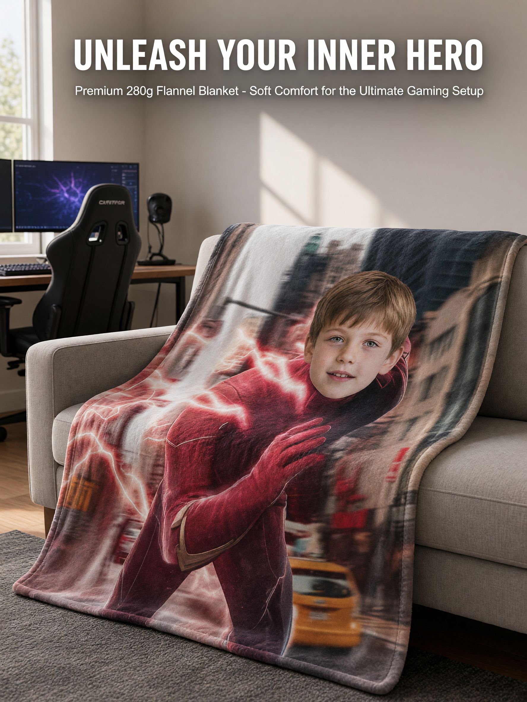 Custom Photo Face Superhero Flannel Throw Blanket Ultra Soft Anti Pilling Fleece Wrap Personalized Cozy Gift for Couch