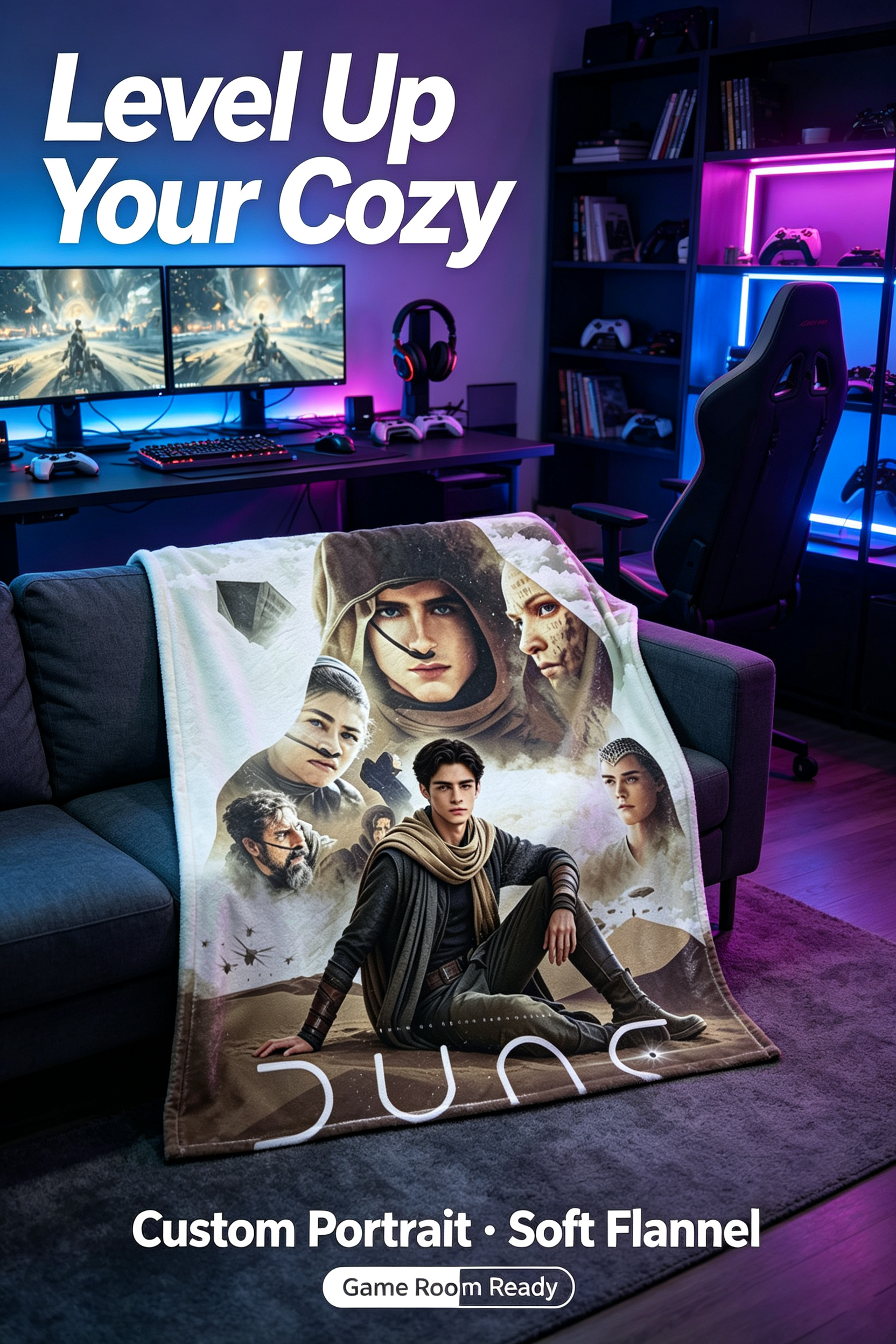Custom Face Blanket Dune Part Two Flannel Blanket Movie Character Portrait Cozy Throw Blanket for Fans Home Decor Gift or Giveaway