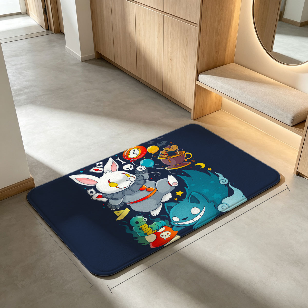 Alice in Wonderland Characters: White Rabbit, Cheshire Cat, Mad Hatter, and Caterpillar in Whimsical Scene - Flannel floor mat