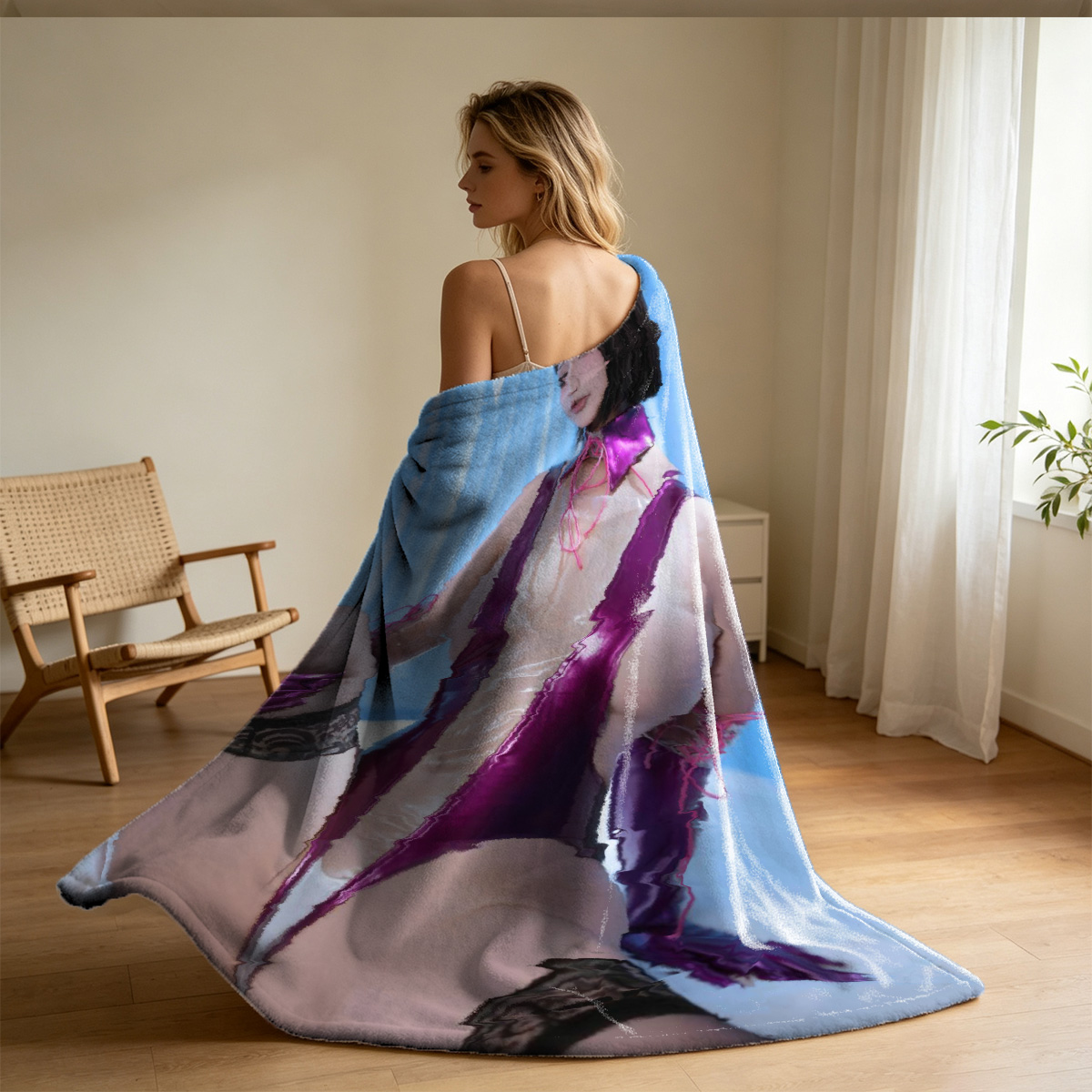 Blake Lively in pink lingerie bending over a wooden table. - Blanket