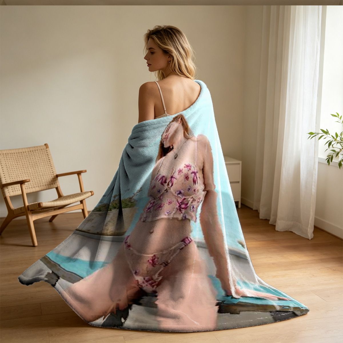 Two Beauties in Blue Lace Bodysuits Embracing - Blanket