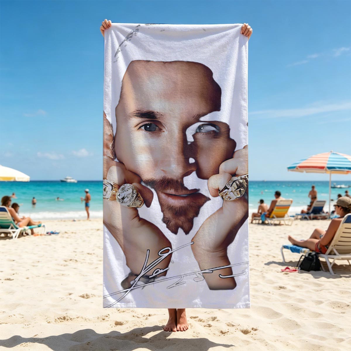 Lionel Messi with Championship Rings Signature Portrait - Beach towels