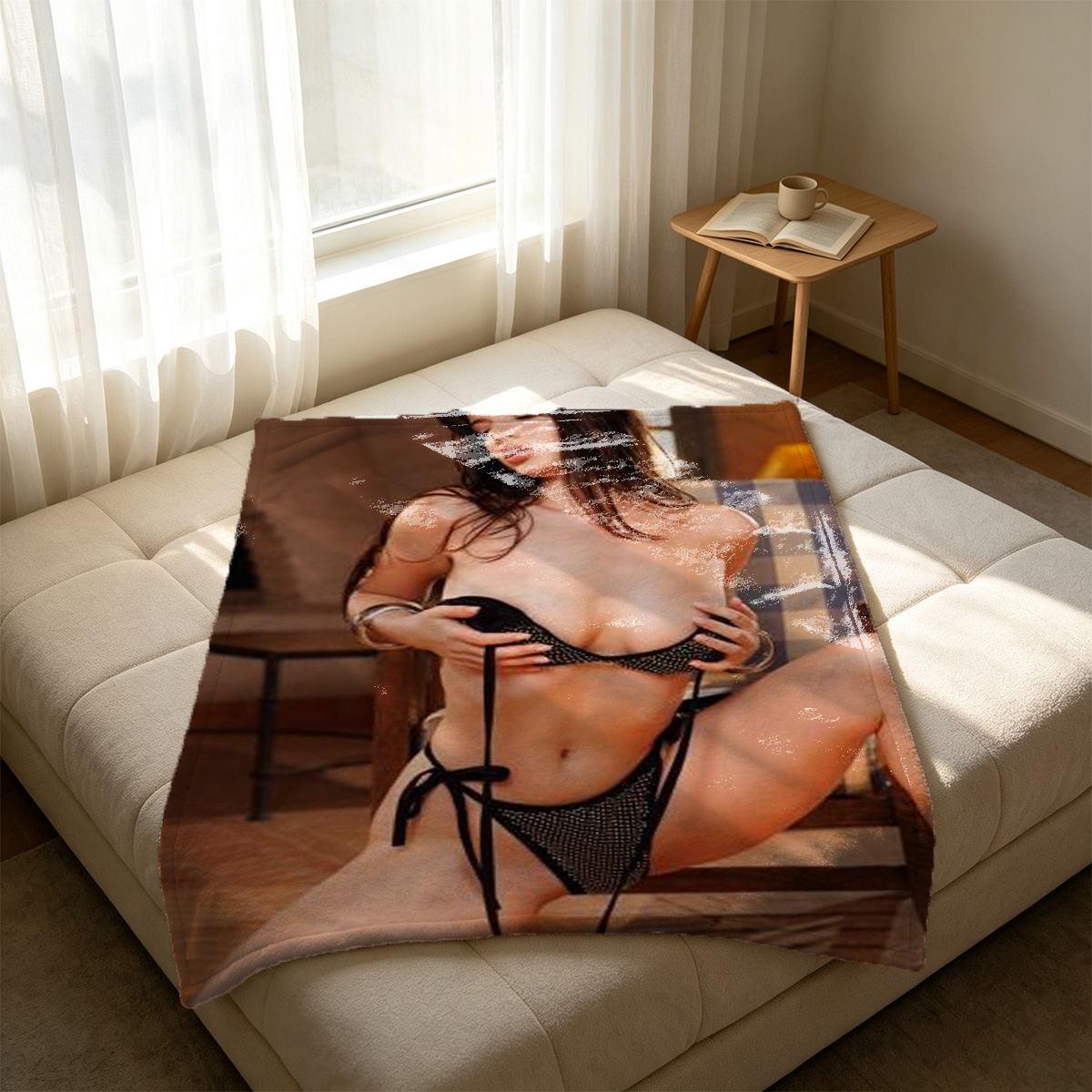 Emily Ratajkowski nude on couch finger on lips - Blanket
