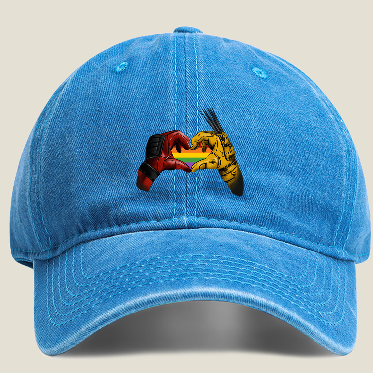 Deadpool and Wolverine Form a Rainbow Heart - Washed Denim - Baseball Cap