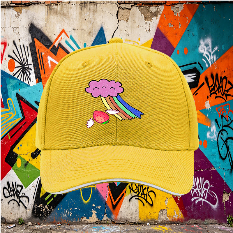 Unisex Classic Sandwich Hat with Strawberry Wings and Rainbow Cloud Print | Perfect for Casual Outings, Festivals, and Everyday Wear | Ideal for Teens and Adults Seeking Fun, Colorful Headwear