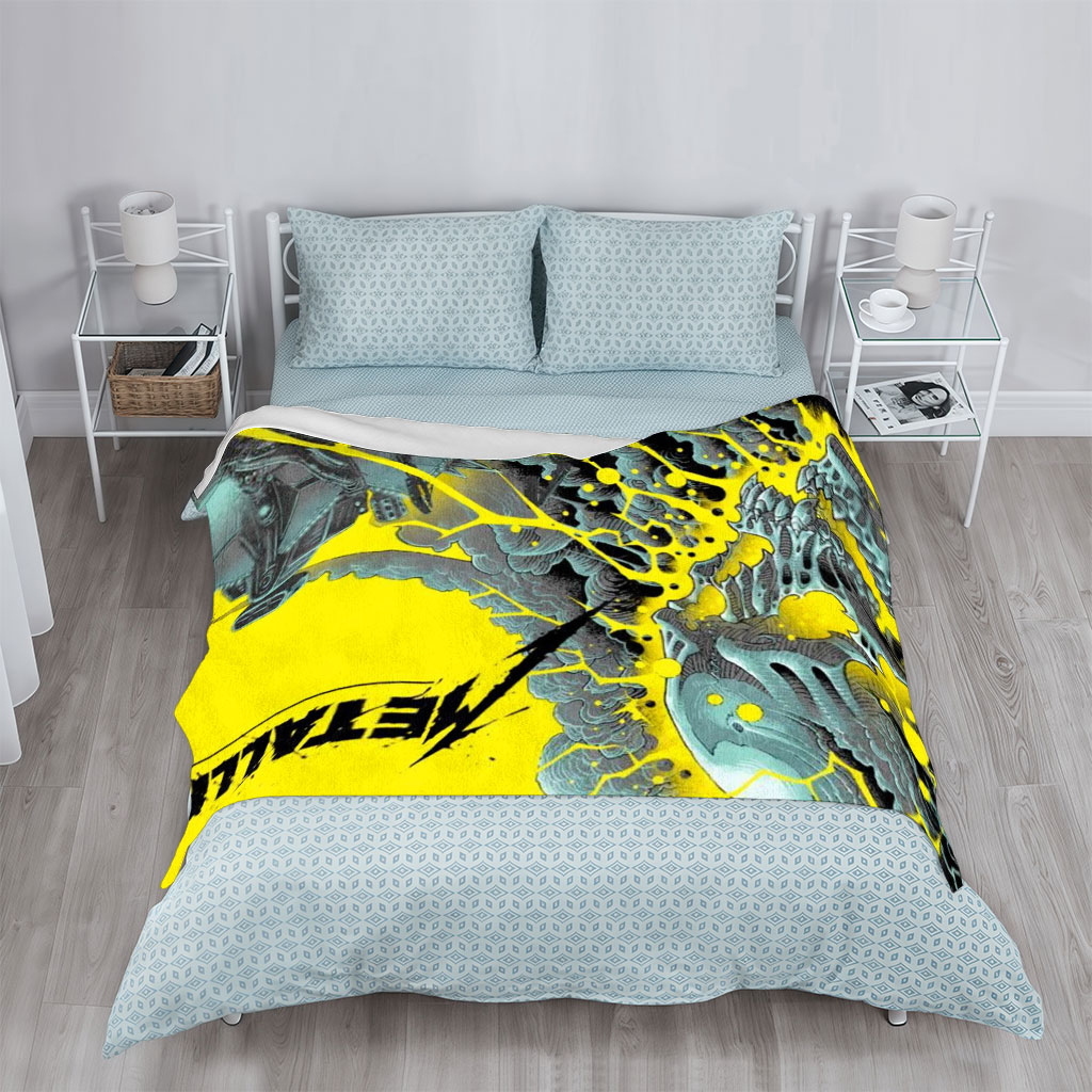 Metallica Band in Explosive Comic-Style Scene with Electric Yellow and Black Mechanical Chaos - Blankets