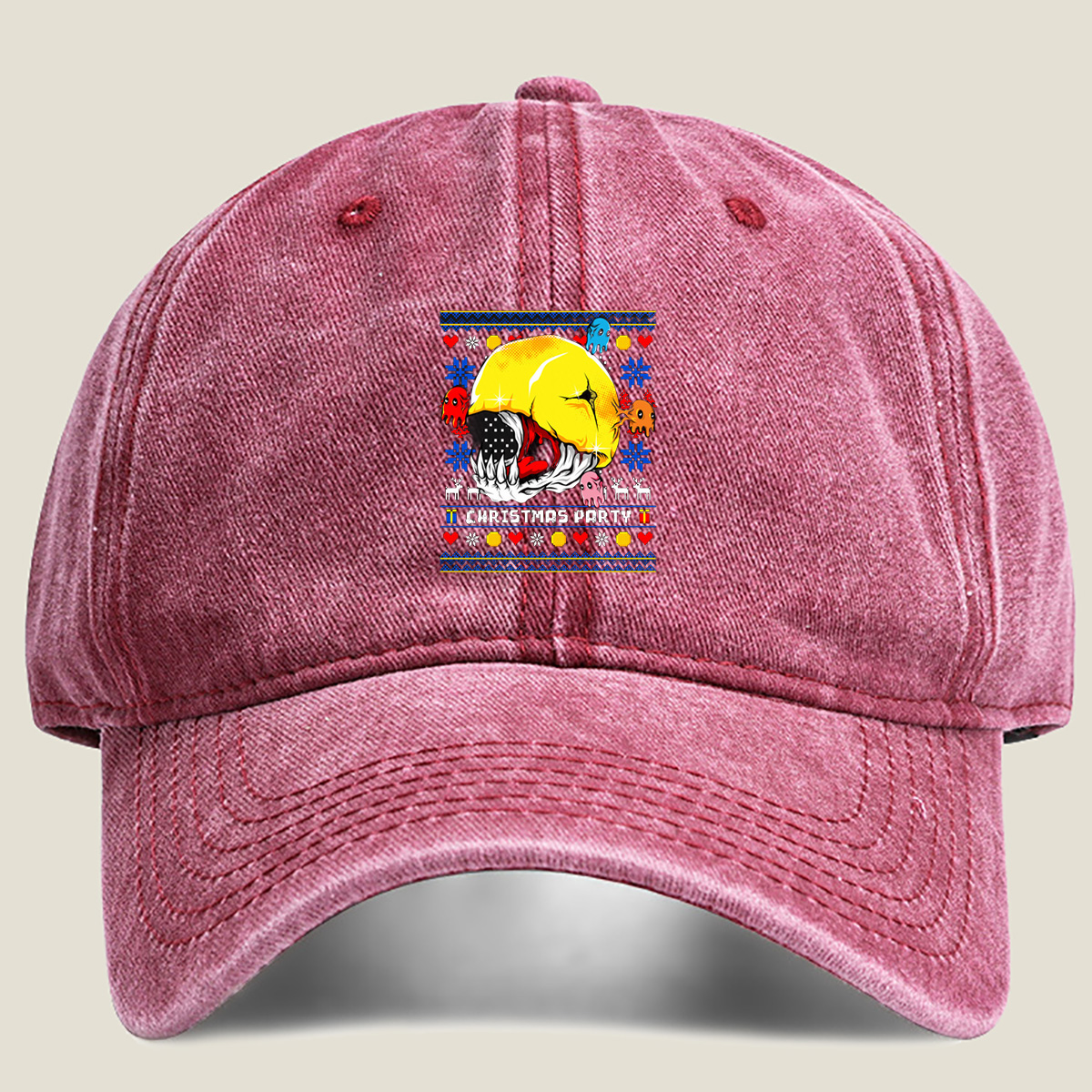 Pac-Man Christmas Party with Ghosts - Washed Denim - Baseball Cap
