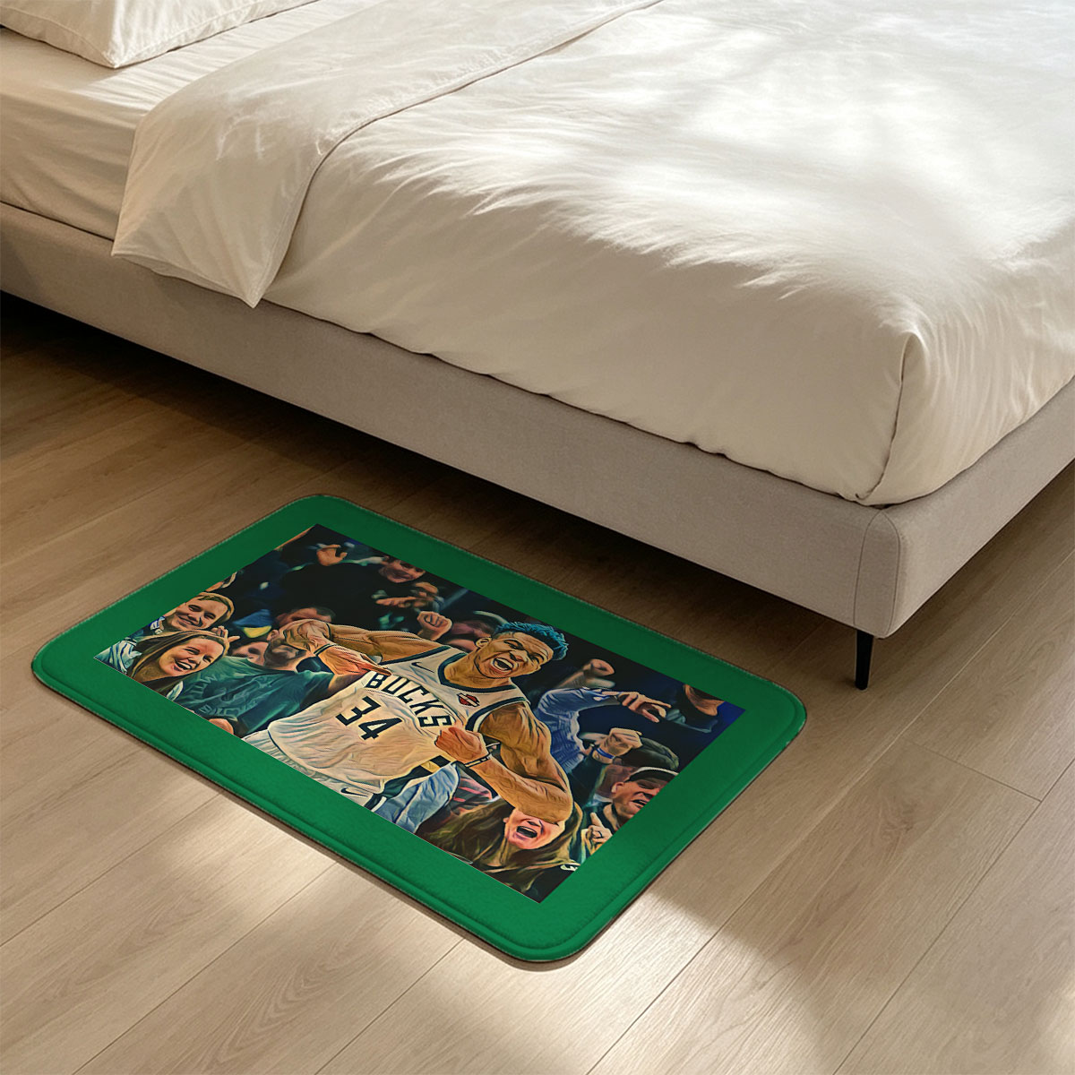 Giannis Antetokounmpo of the Milwaukee Bucks celebrates in front of cheering fans. - Flannel floor mat