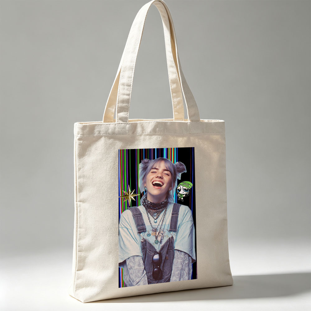 Billie Eilish Laughing in Overalls with Colorful Background and Cartoon Character Overlay - Canvas tote bags