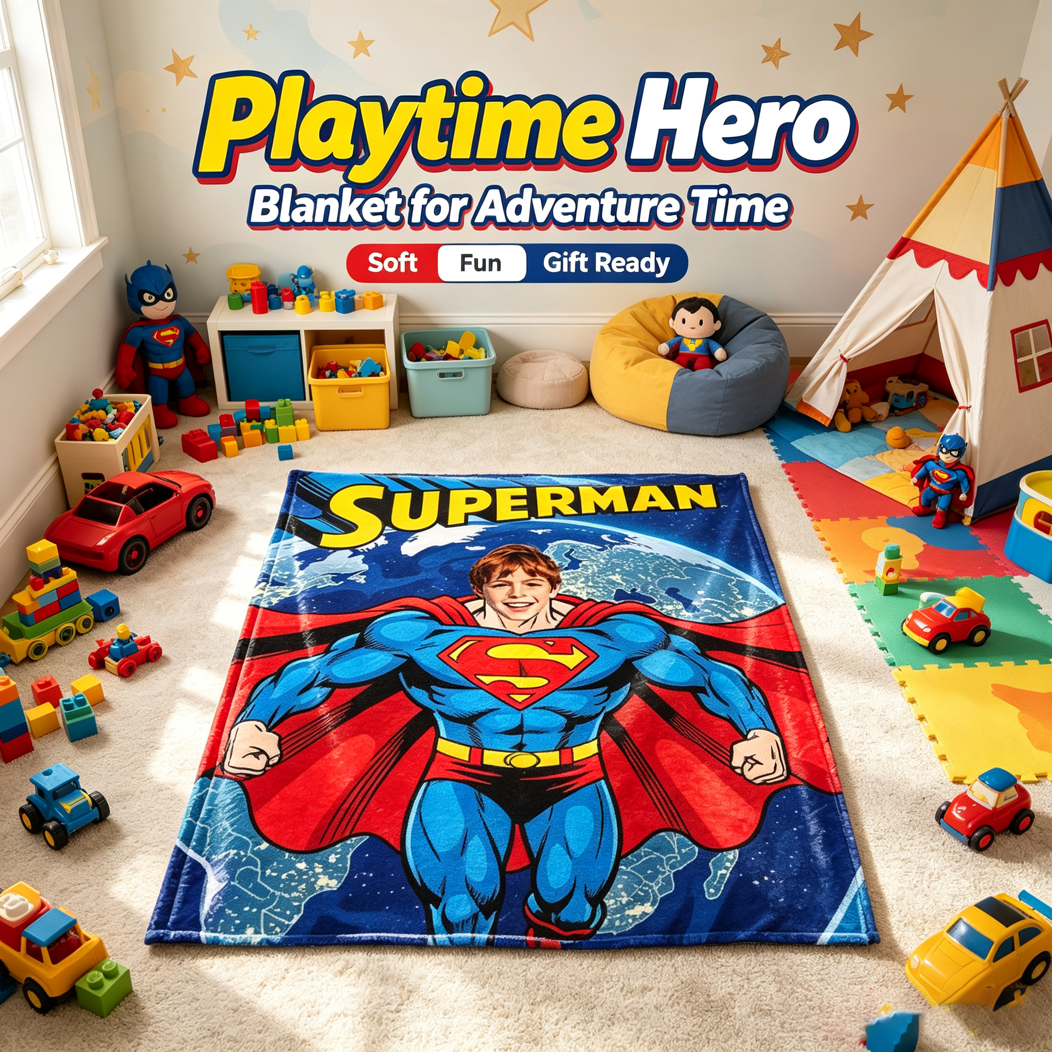 Personalized Superman Flannel Blanket, Custom Photo Superhero Throw Blanket For Kids Birthday Gift