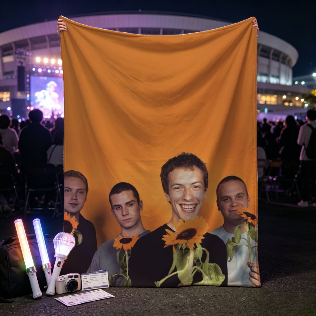 Imagine Dragons Band Members Holding Sunflowers Against Orange Background - Blankets