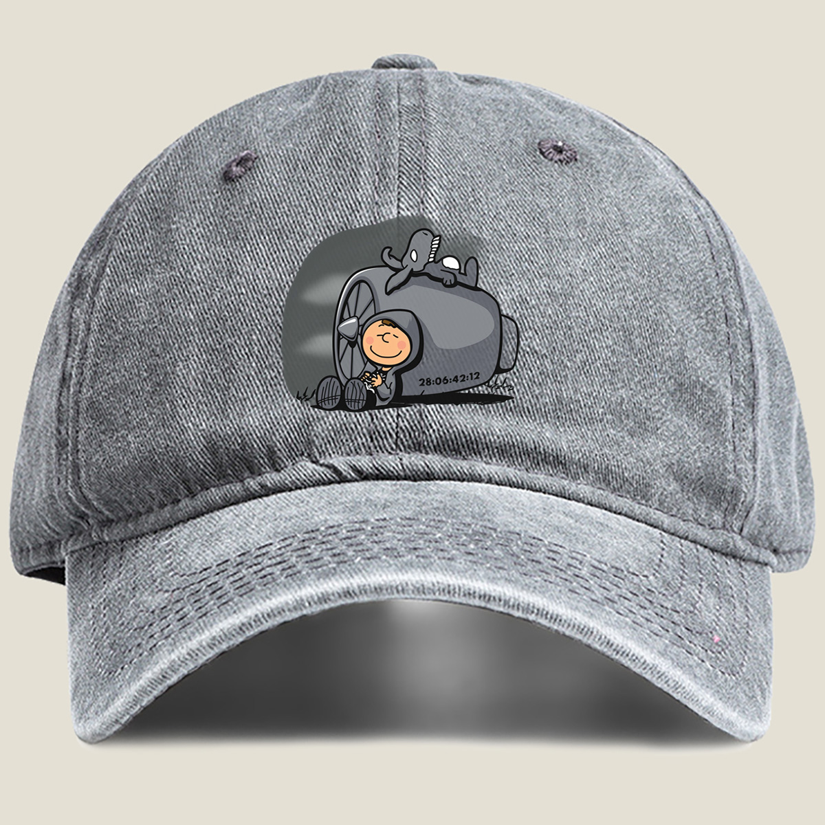 Cute Cartoon Boy with Time Machine and Octopus - Washed Denim - Baseball Cap