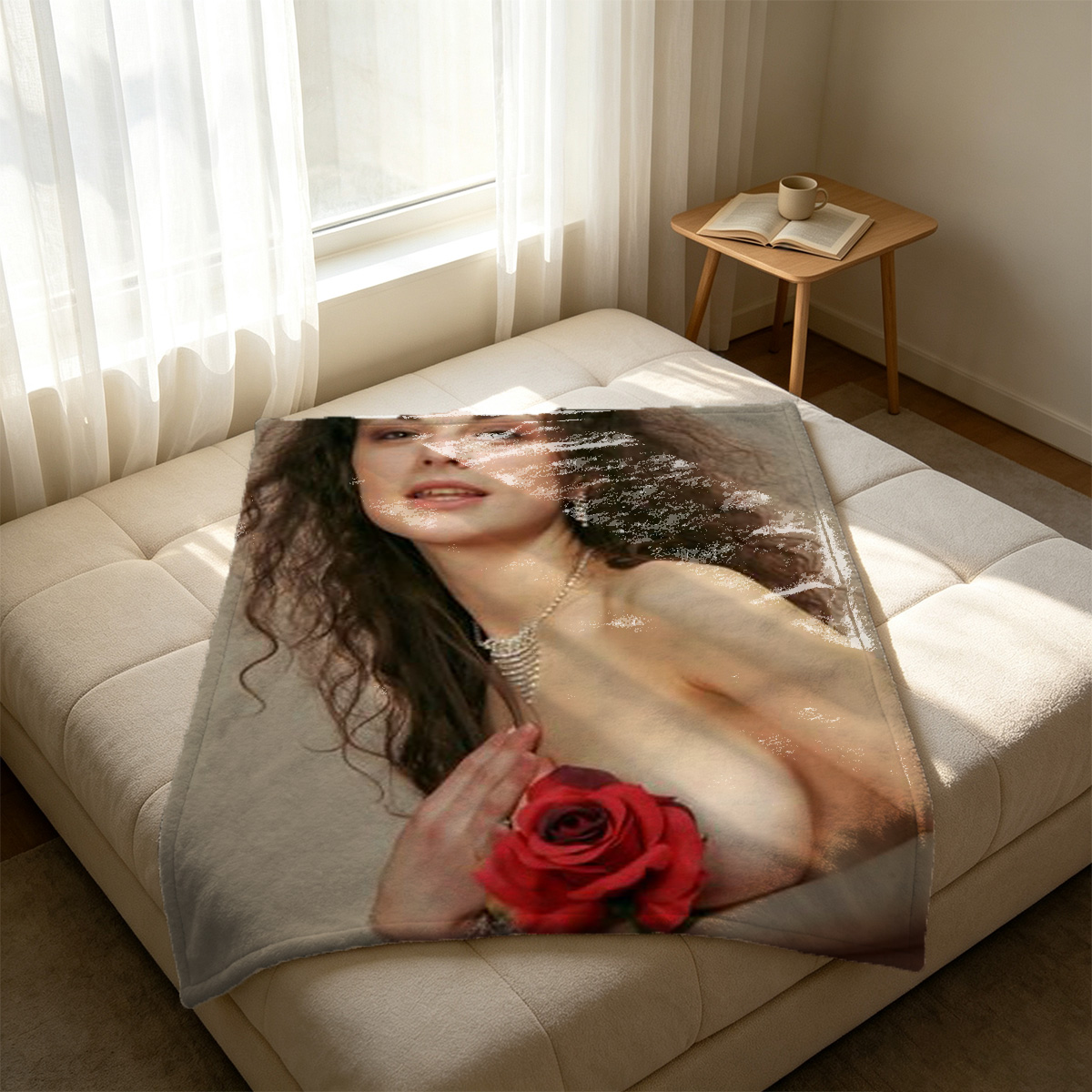 Nude woman in pink thong posing on bed frame. - Blanket