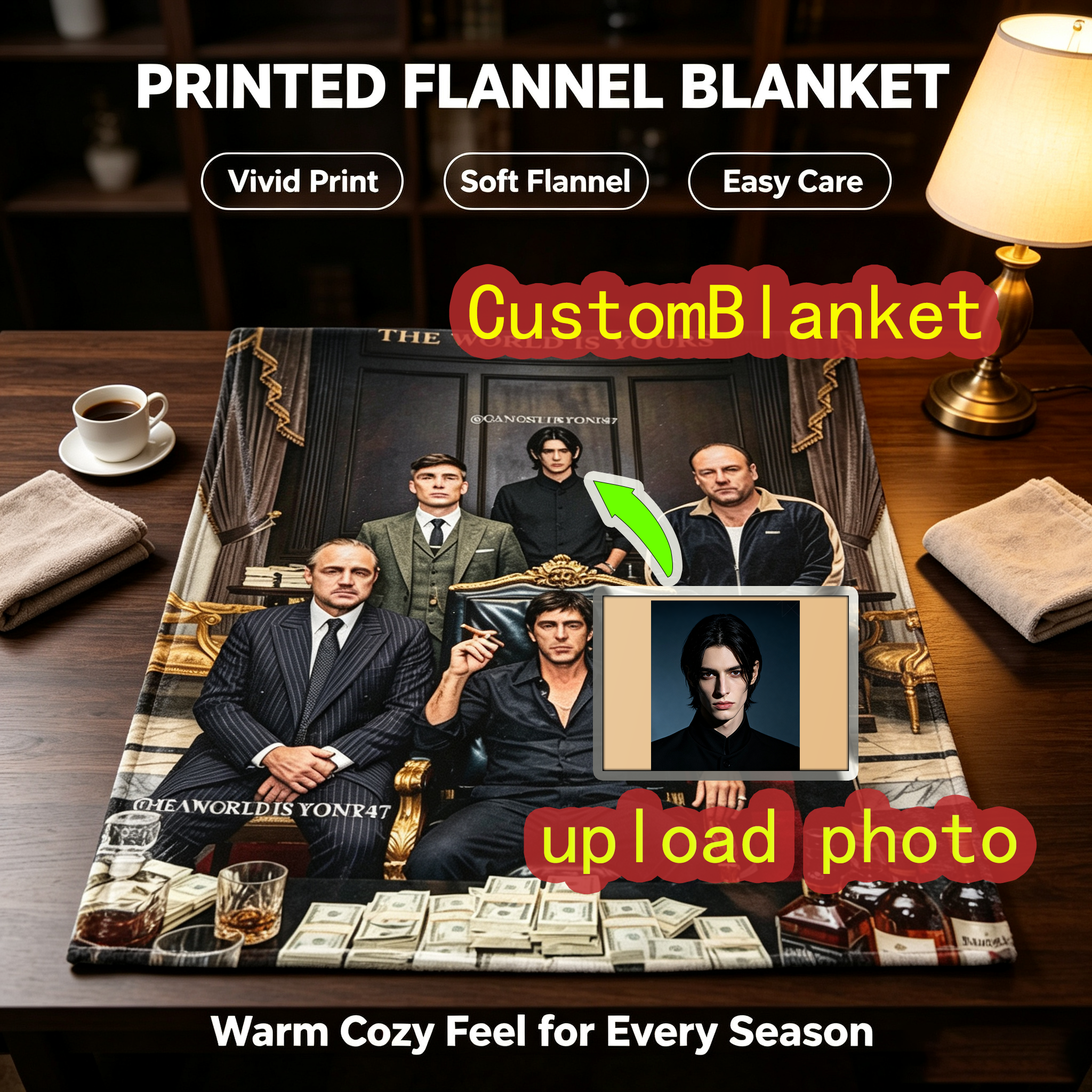 Custom Face Blanket The World Is Yours Gangster Mafia Theme Flannel Blanket for Living Room Bedding Gift or Giveaway