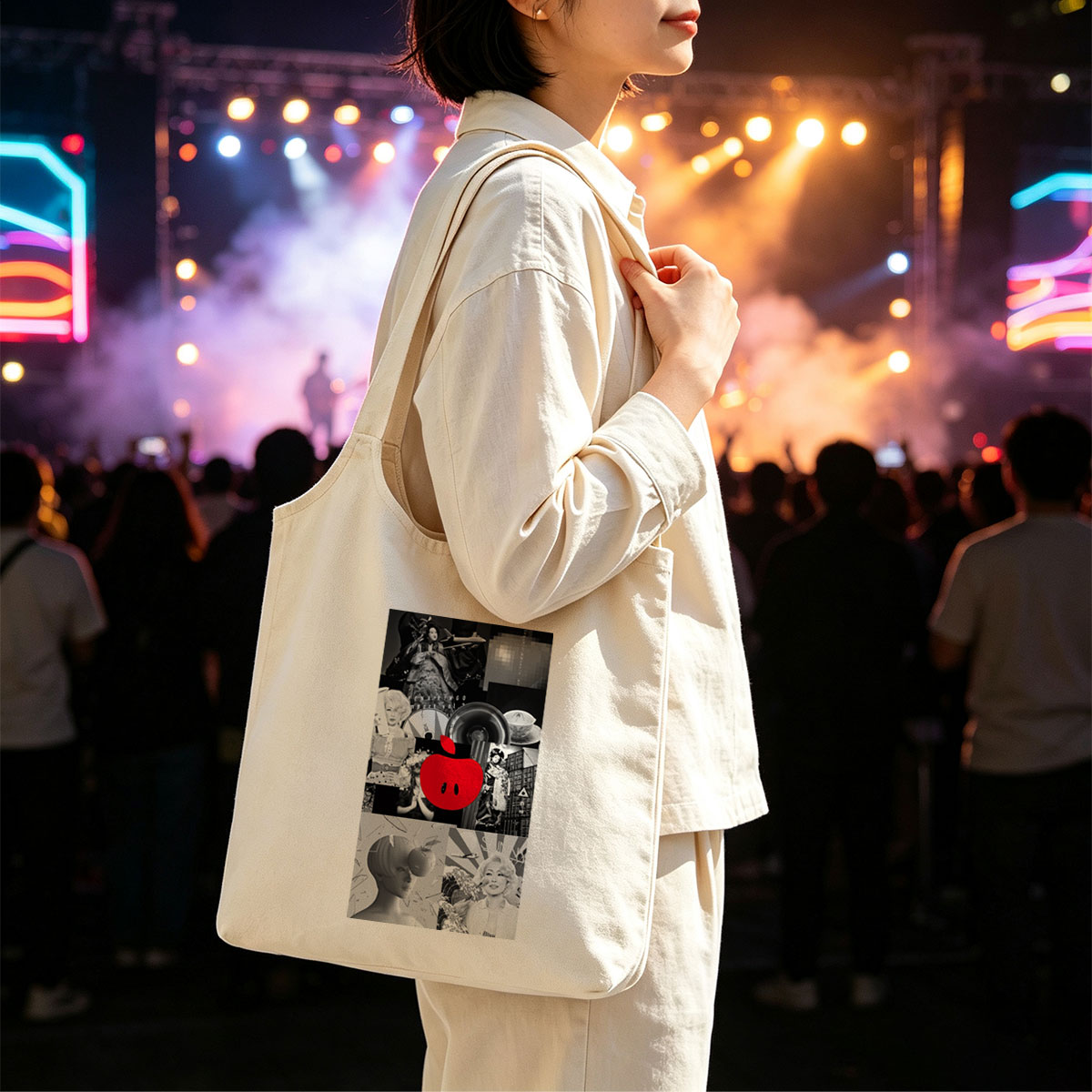 Ringo Sheena in a Retro-Futuristic Collage Featuring Black-and-White Portraits, Vinyl Records, and a Bold Red Apple Logo - Canvas shoulder bags/