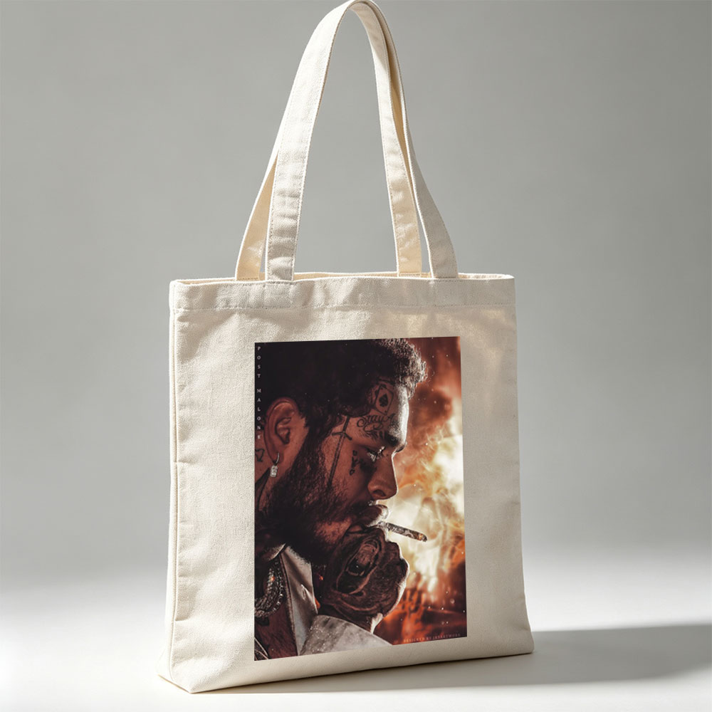 Post Malone Smoking Cigarette with Tattooed Face and Intense Background - Canvas tote bags