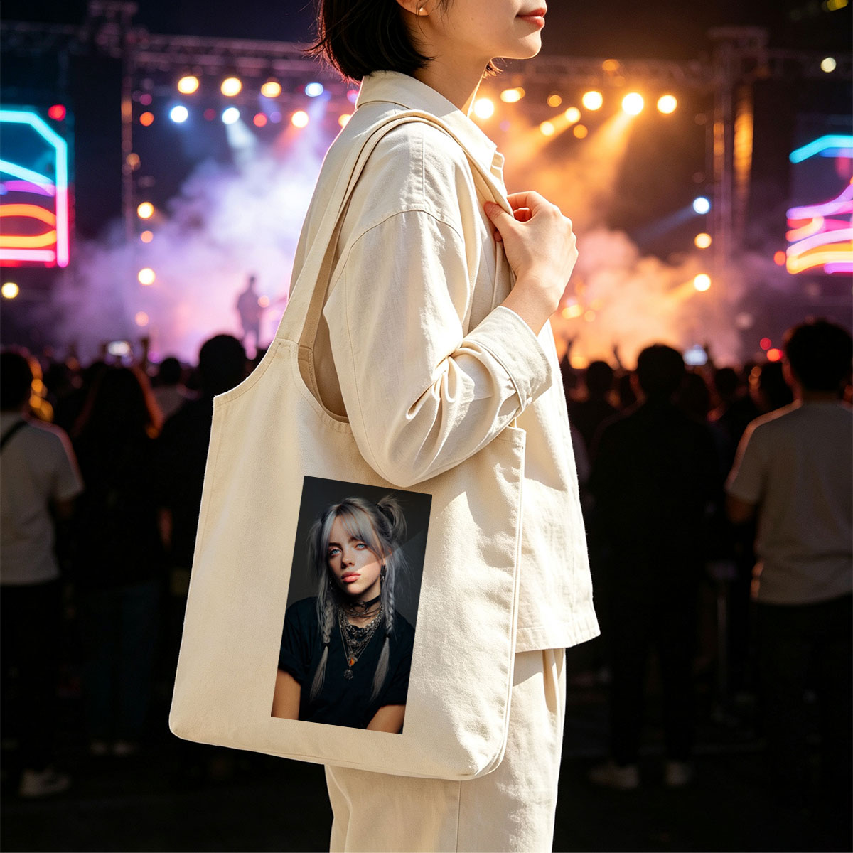 Billie Eilish in a striking portrait with silver hair styled in braids, wearing layered necklaces and a black top against a dark background. - Canvas shoulder bags/