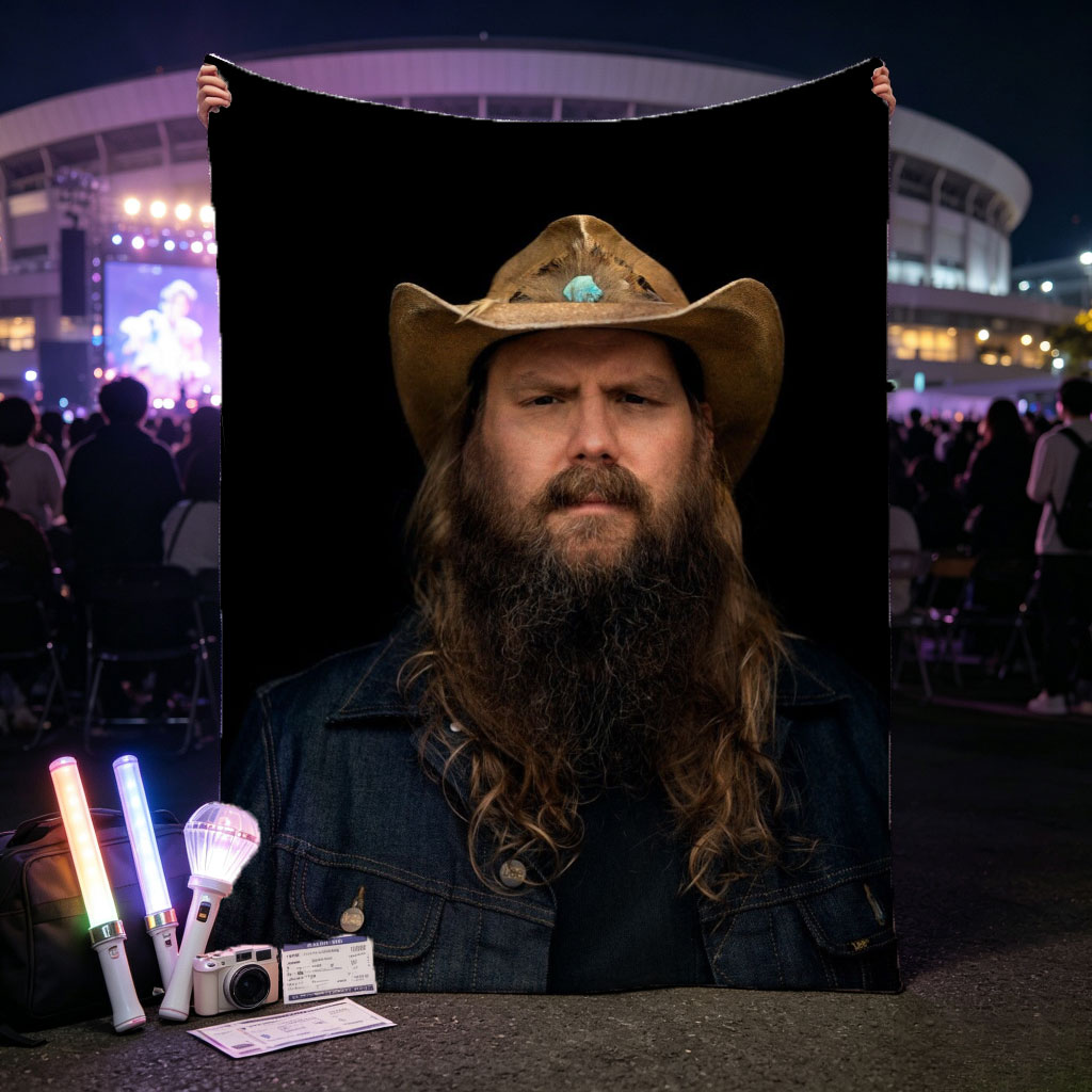 Chris Stapleton in Cowboy Hat and Denim Jacket with Long Beard on Black Background - Blankets