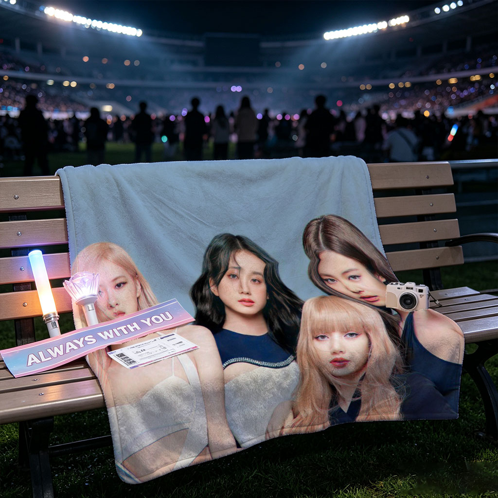 BLACKPINK Group Portrait - Four Members in Stylish Outfits Against Blue Background - Blankets