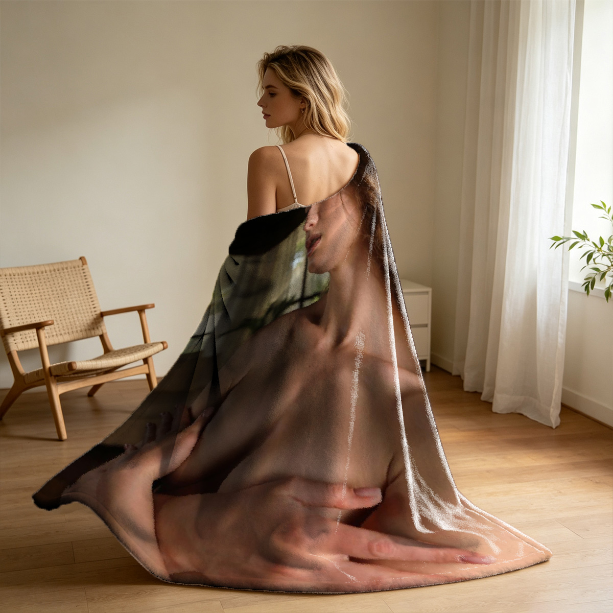Naked Jennifer Lawrence standing by glass door from behind. - Blanket