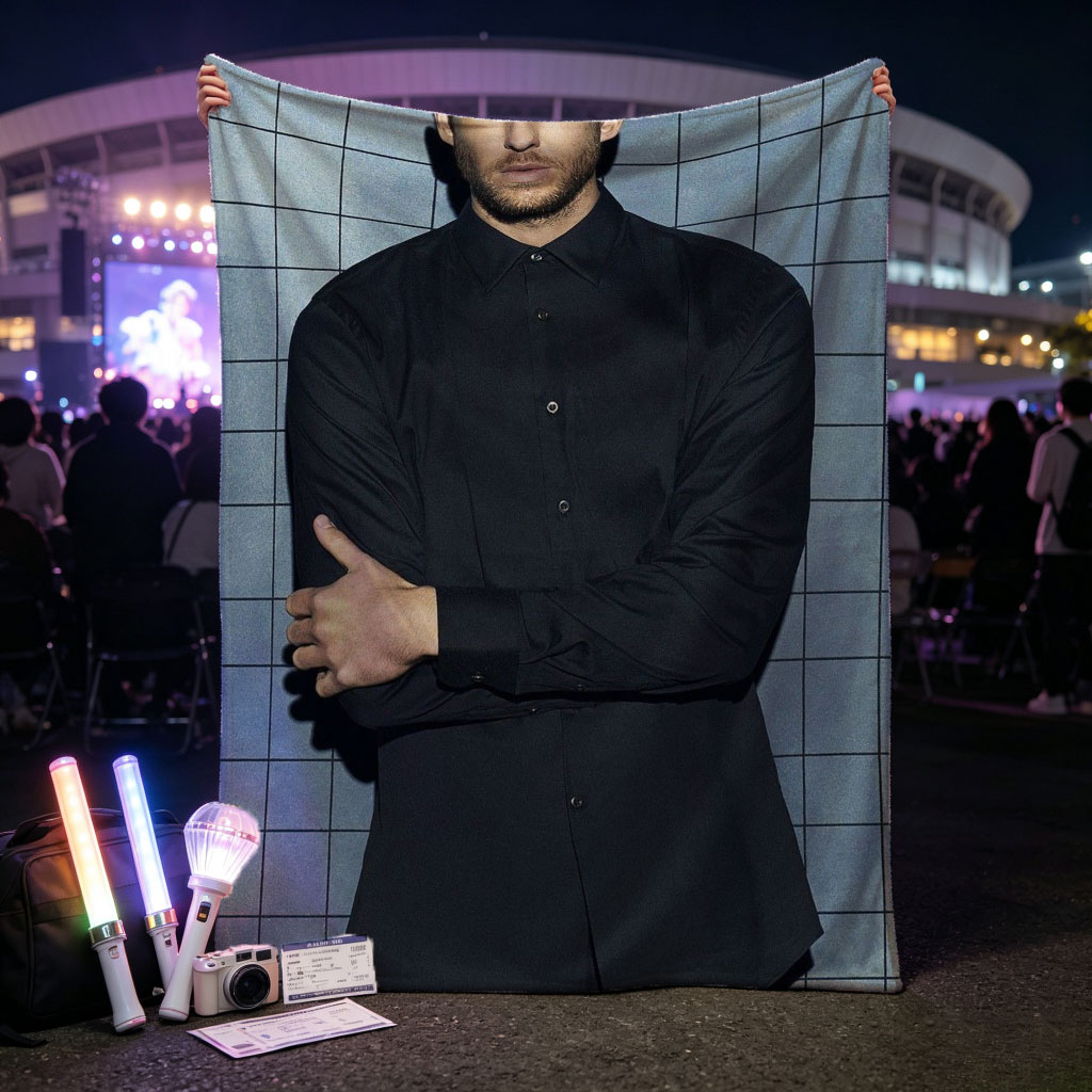 Calvin Harris in a Black Shirt and Pants Standing Against a Blue Tiled Wall with Arms Crossed - Blankets