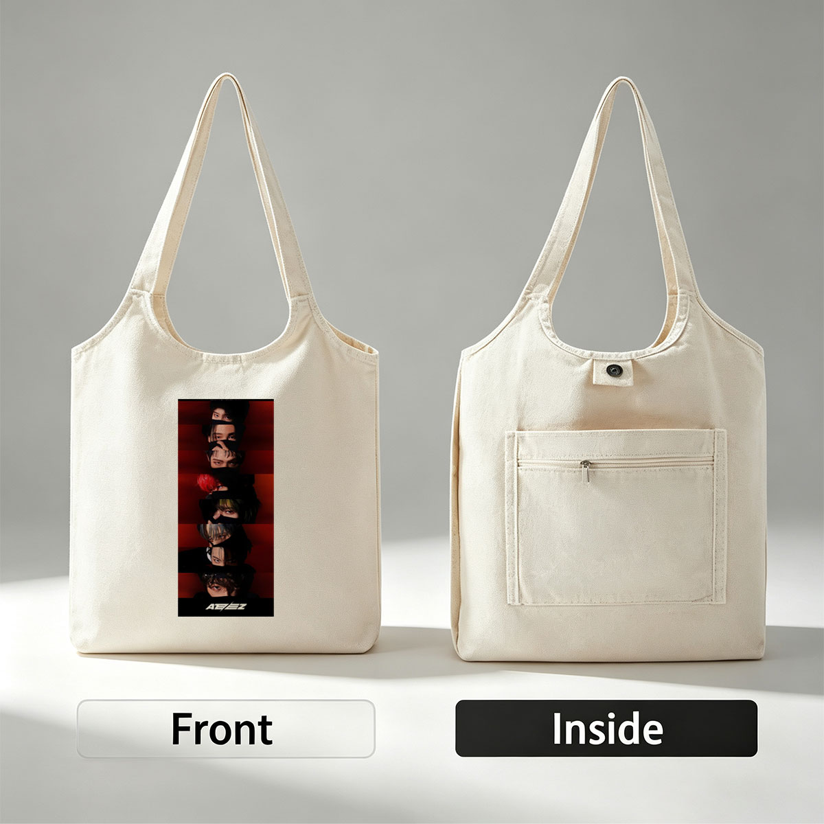 ATEEZ Dark Red Background Vertical Portrait Collage with Members' Eyes and Hair Details - Canvas shoulder bags/