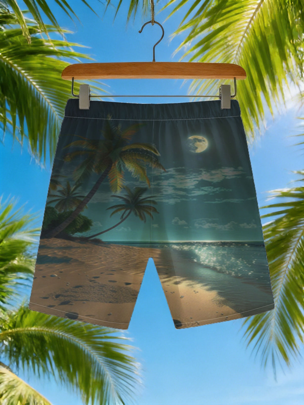 Moonlit Tropical Beach with Palm Trees and Shimmering Water -  Beach shorts