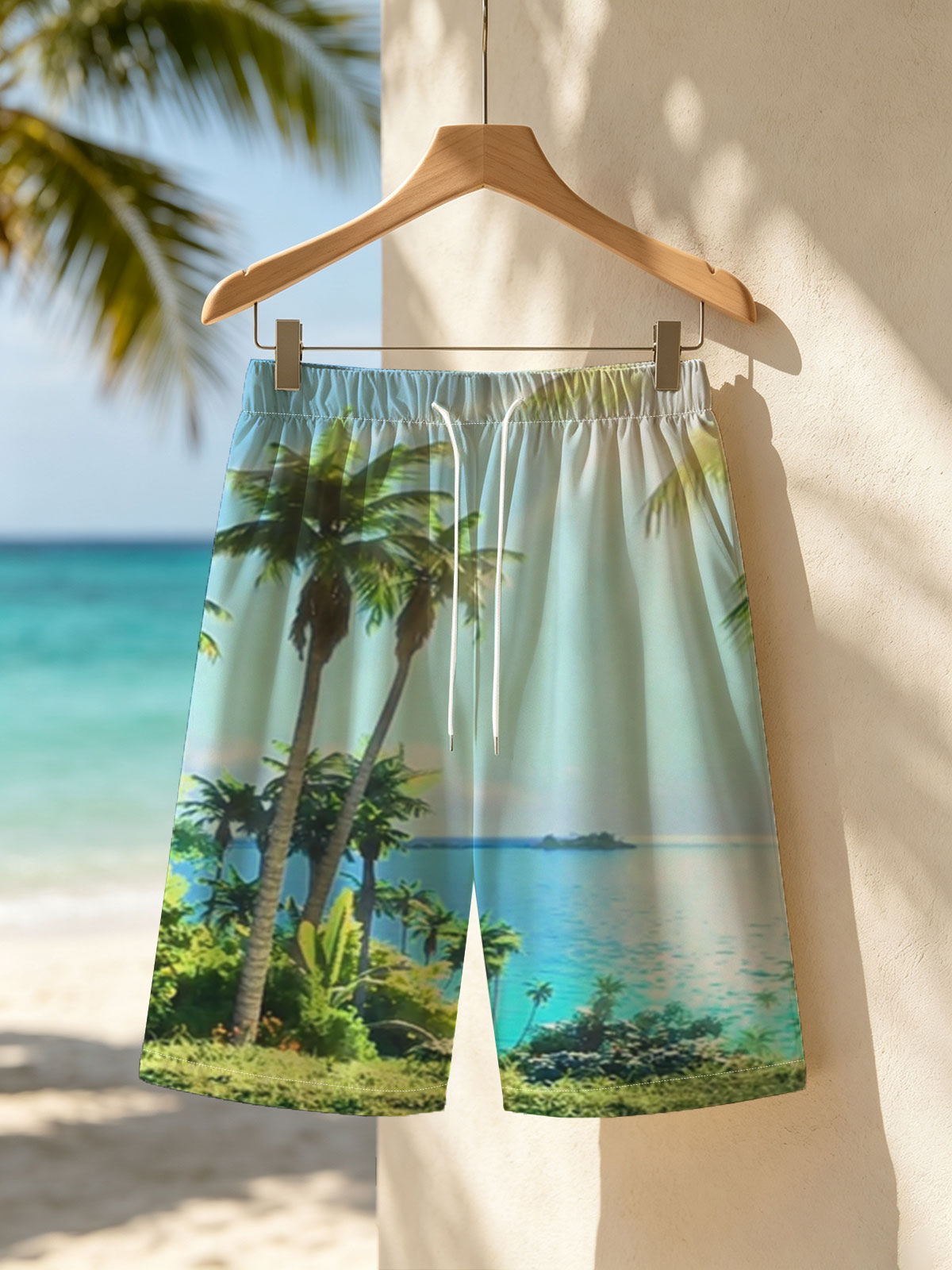 Tropical Paradise with Palm Trees and Crystal Clear Waters -  Beach shorts